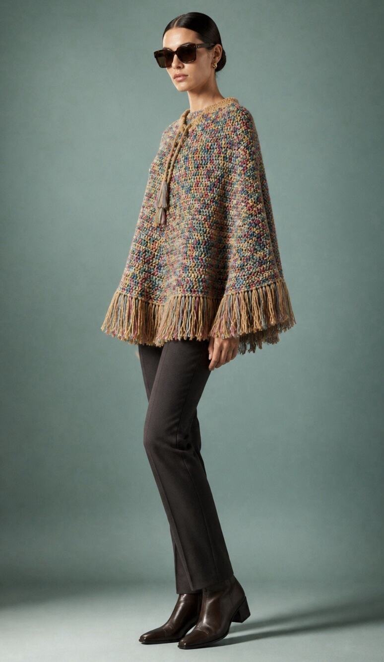 Handmade Crochet Poncho Fringe Multi Color Knit Wrap Boho Autumn Colors One Size